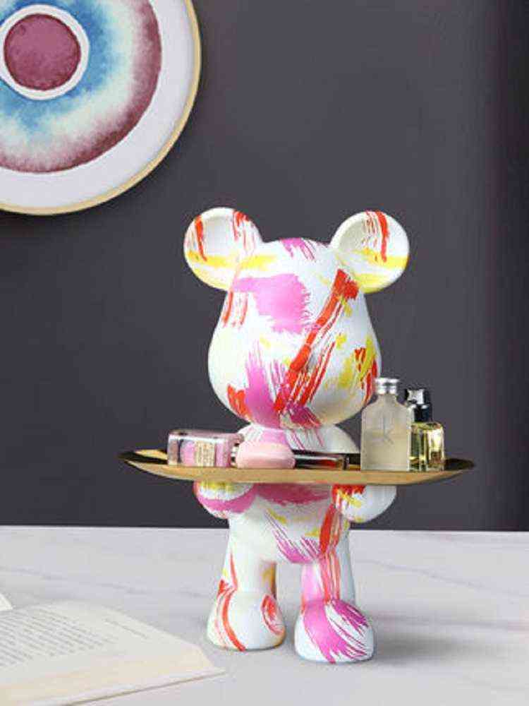 

Decorative Objects Figurines Figurine Graffiti Bear Porch Key Storage Home Decore Box Violent Bear Resin Action Figure with Copper Tray Living Room Decor T220902