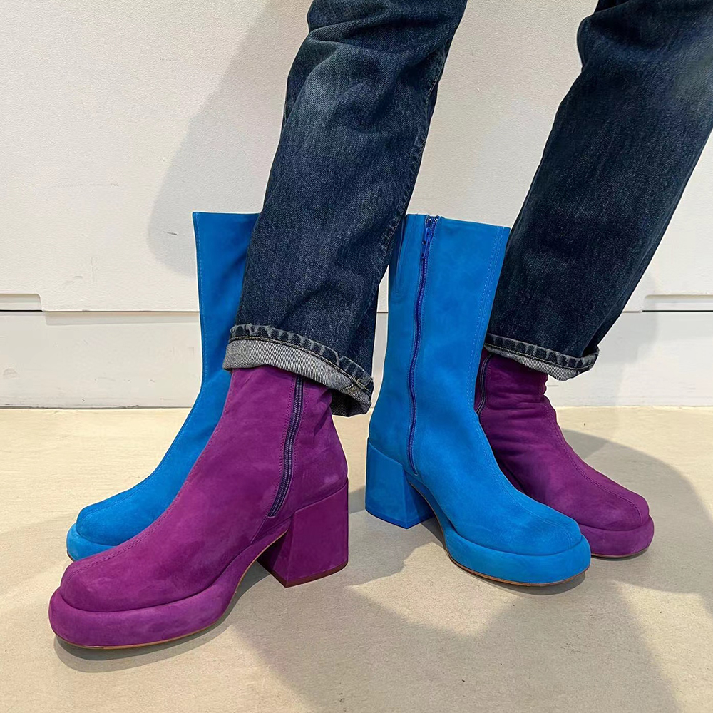 

MIISTA green Sheepskin Suede chunky platform boots Hiking Side zipper half boots combat boot 85mm Thick heel casual booties ankle for women luxury designers shoe, Blue