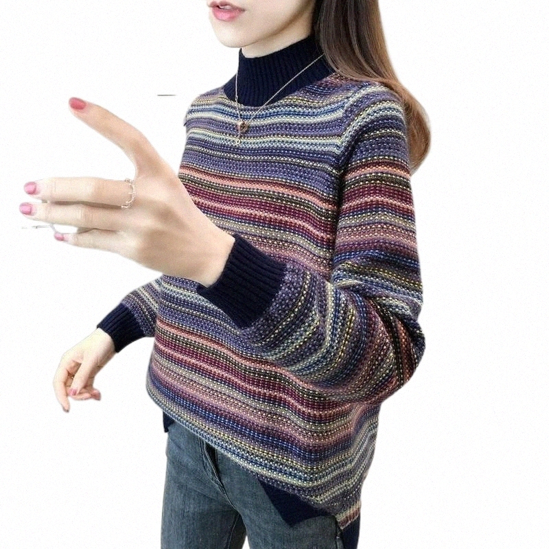 Women's Sweaters women's Sweaters 2022 Women Autumn Winter Retro Half High Collar Pullovers Female Loose Striped Sweater Tops Ladies Th-image-798385574