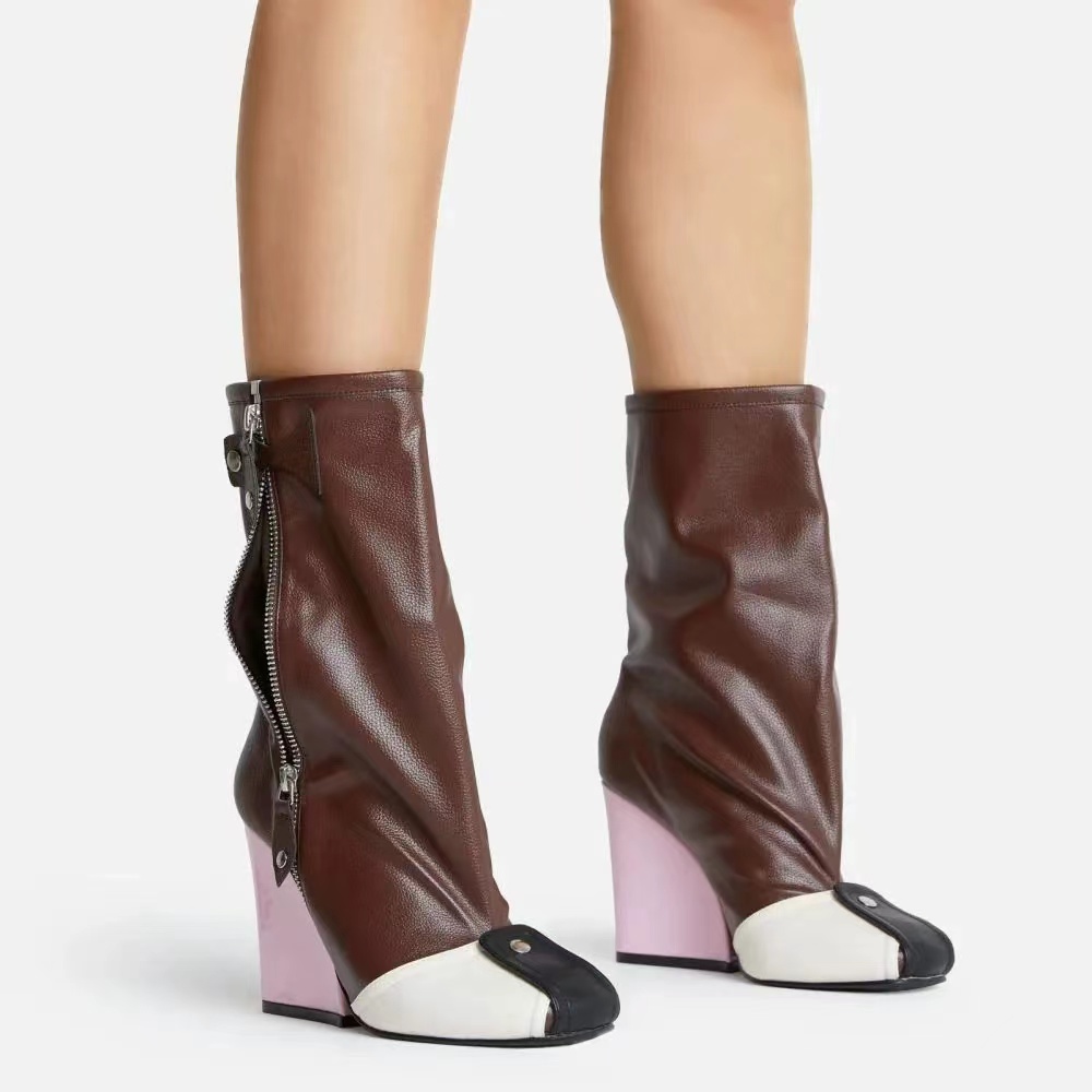 

2022 winter boots new foreign trade wedge heels thick heels super high heels square toe fashion catwalk large size short boots women, Black