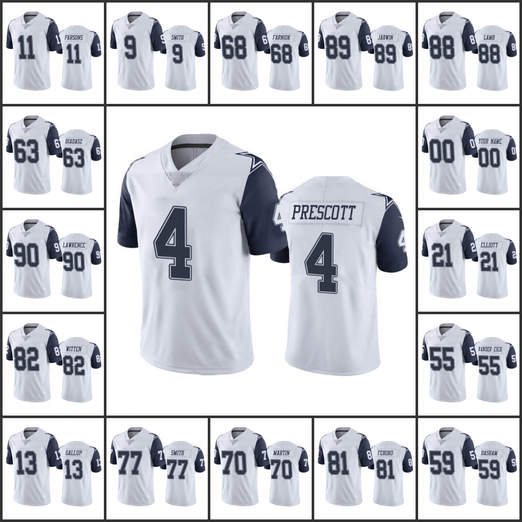 

Jersey Dallas''Cowboys''Men 4 Dak Prescott 90 Demarcus Lawrence 11 Micah Parsons Women Youth Custom White Color Rush Limited
