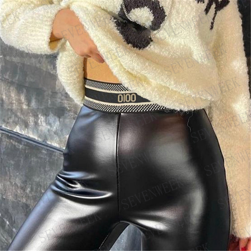

PU Leather Leggings Tights Pants For Women Letter Ribbon Elastic Tight Ladies High Waist Slim Fit Thin Trousers Inside Plus Velvet Warm, Extra shipping/no ship