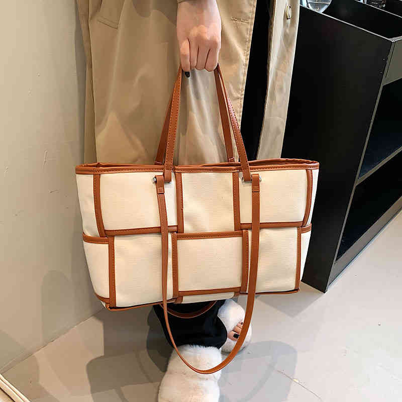 

Bags Large capacity canvas bag women's 2022 new color contrast stitched Tote Bag simple single shoulder hand Purses, Black