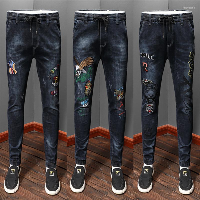 

Men' Jeans Everyday 2022 Four Seasons Models All Year Round Elastic Band Waist Embroidery Youth Men' Trousers, Qt-023-1