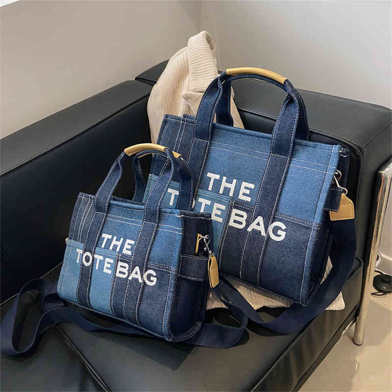 

80% off Shoulder Bags sale Large capacity denim fashion embroidered letter Single Shoulder Messenger Bag simple Tote Bag, Blue trumpet