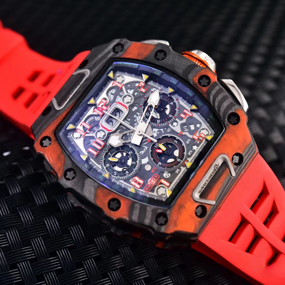 

Black Rubber Men Watch Automatic Mechanical Mclaren Flyback Carbon Fiber