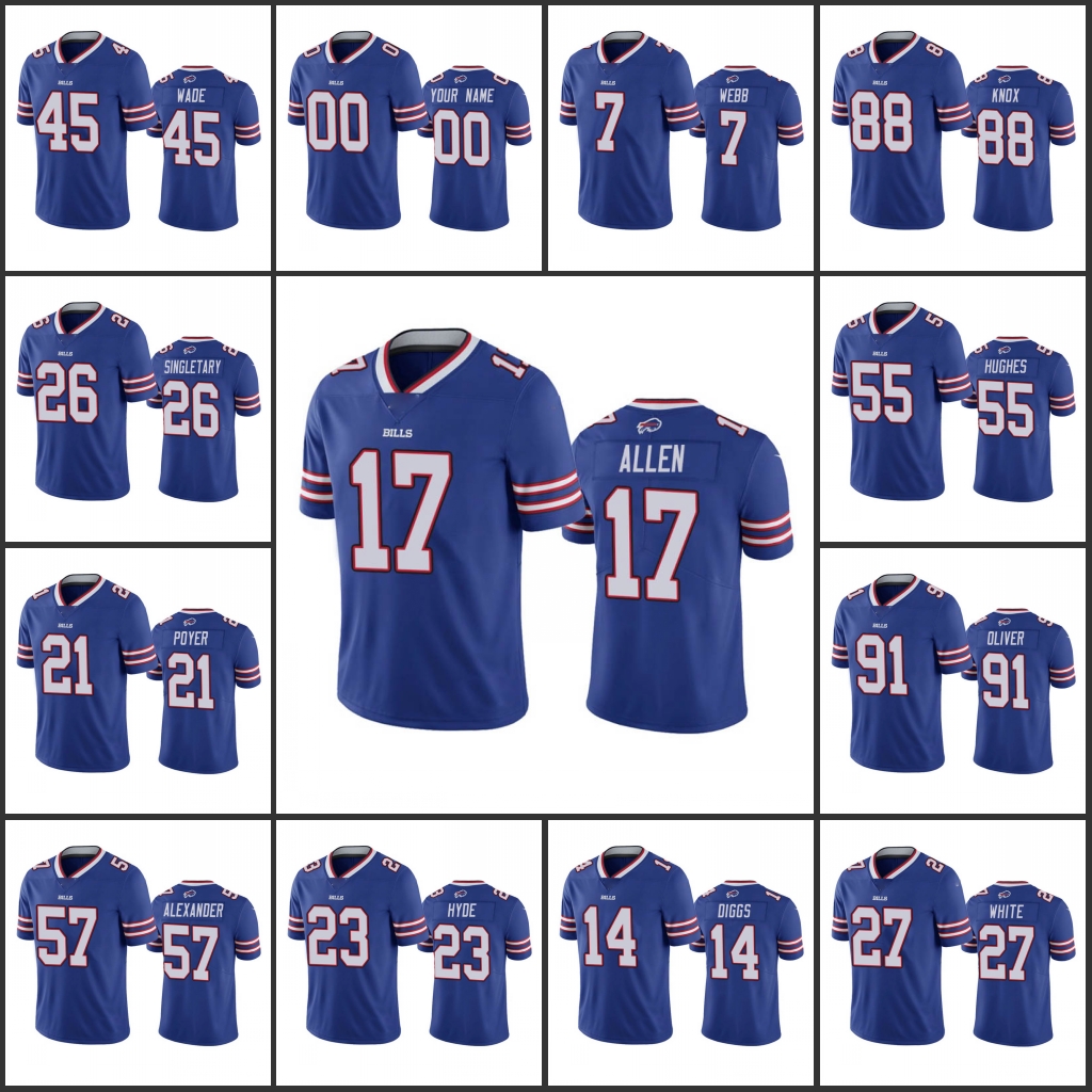 

Jersey Buffalo''Bills''Men 14 Stefon Diggs 17 Josh Allen 26 Devin Singletary 88 Dawson Knox Custom Women Youth Royal Vapor Limited