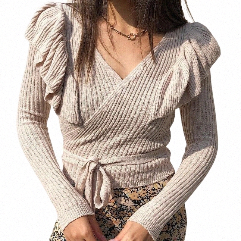 Ponts f←minins Pulls de femmes Automne Femmes Velles V Cou Neck Long Manche Ruffles Bandage de pull tricot← Pullover J4KJ # #