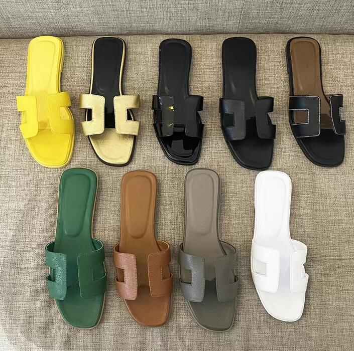 

Luxury designer women slippers real leather ladies sandals summer flat shoes fashion beach H letter drag 35-42 no box, All white lizhiwen