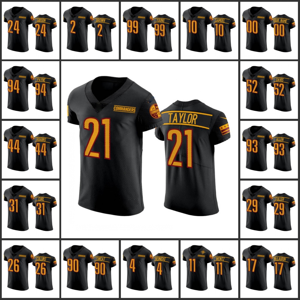 

Jersey Washington''Commanders''Men 11 Carson Wentz 17 Terry McLaurin 21 Sean Taylor 99 Chase Young Women Youth Custom Black Elite