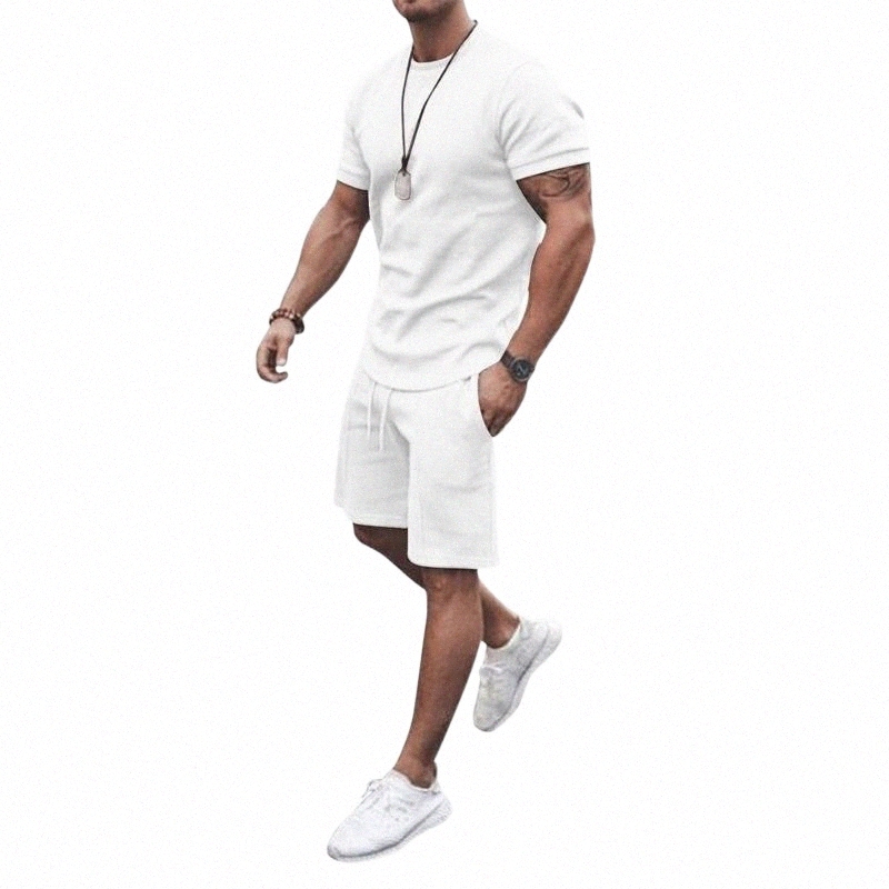 Men's Tracksuits men's Tracksuits Summer Men's Clothing T-Shirt Set Solid Color White Casual Shorts Two-piece SetMen's q2Vx#