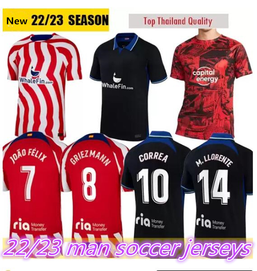 

22 23 ATLETICO soccer jerseys SUAREZ Madrid fans version GRIEZMANN JOAO FELIX 2022 2023 M LLORENTE Jersey camiseta Mens KOKE man shirt