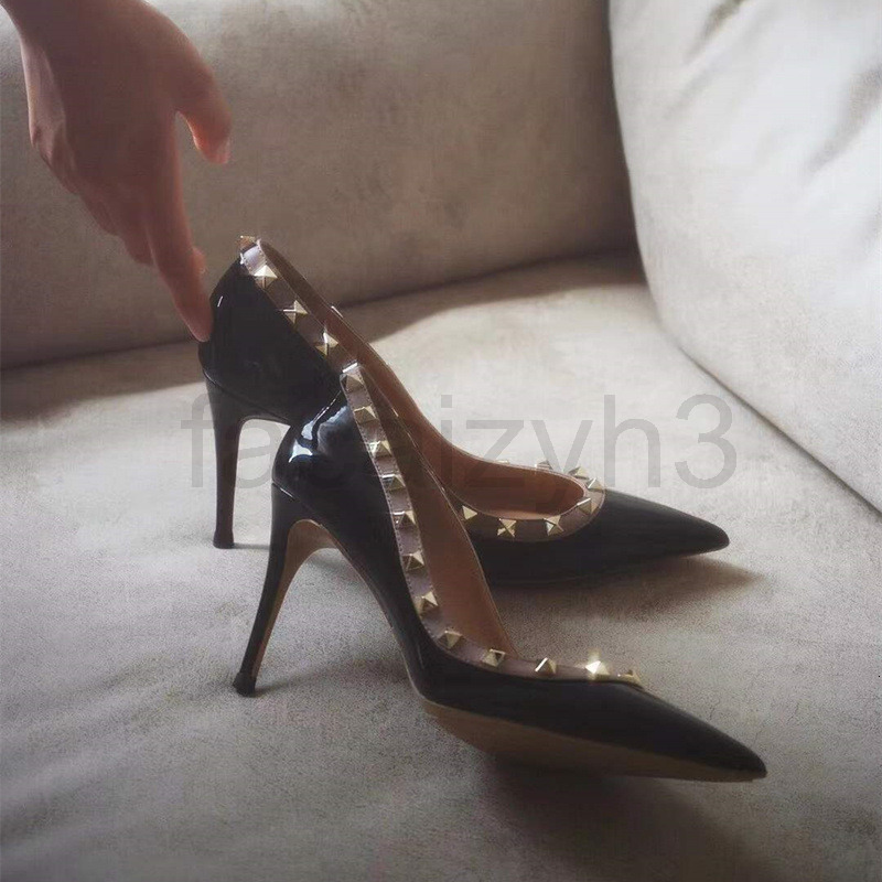 

Dress Shoes designer V family black high-heeled shoes with source elevation women pointed leather rivet sexy thin heel, 1# packing bag