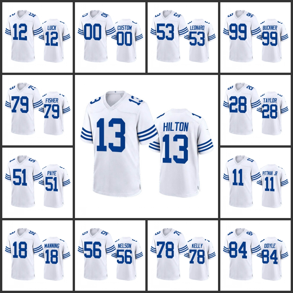 

Jersey Indianapolis''Colts''Men 12 Andrew Luck 13 T.Y. Hilton 28 Jonathan Taylor 53 Darius Leonard Women Youth Custom White Throwback Game