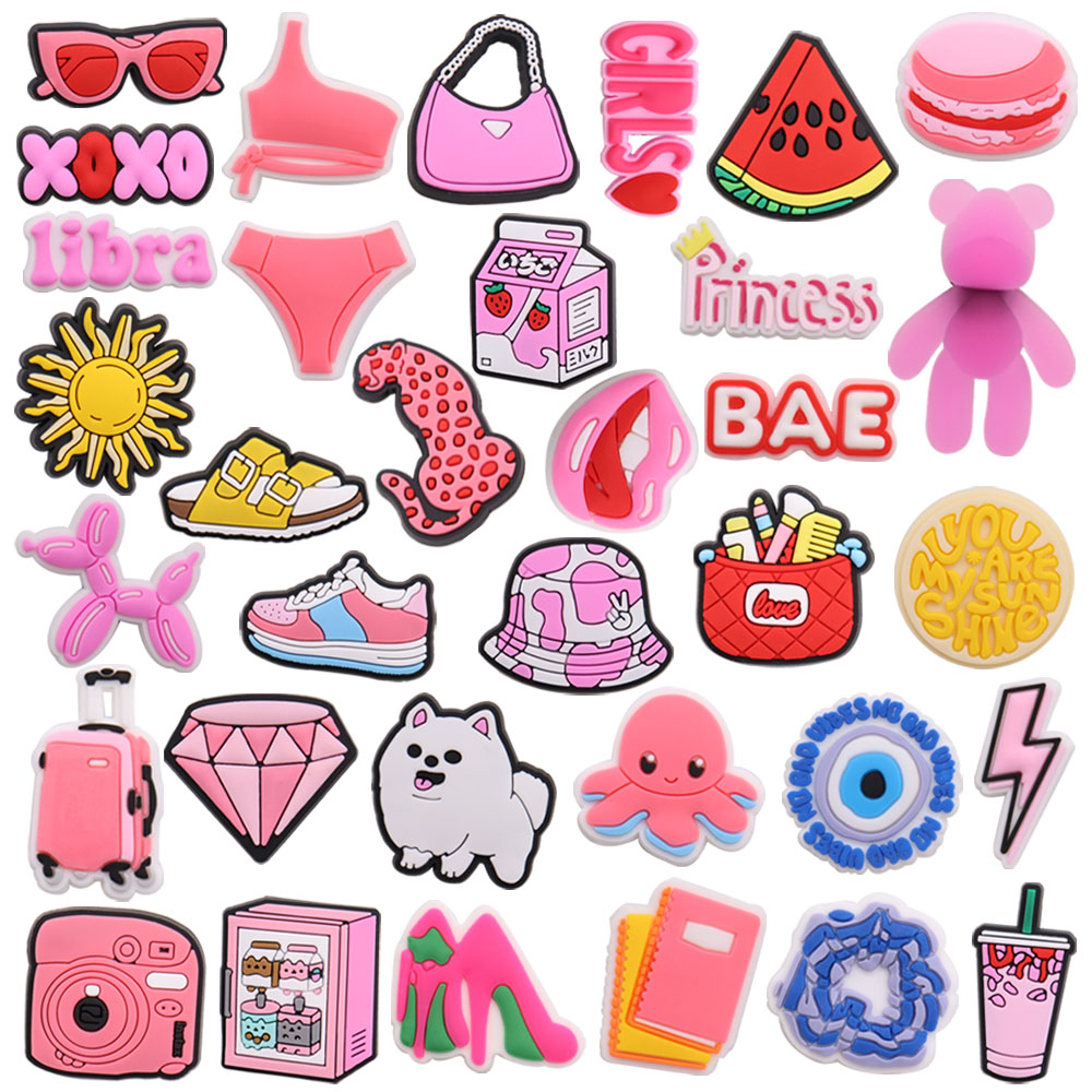 

Wholesale 100Pcs PVC Pink Style Libra Lightning Bear Shoe Designer Decorations Buckle For Kids Croc Charms Jibbitz Button Clog