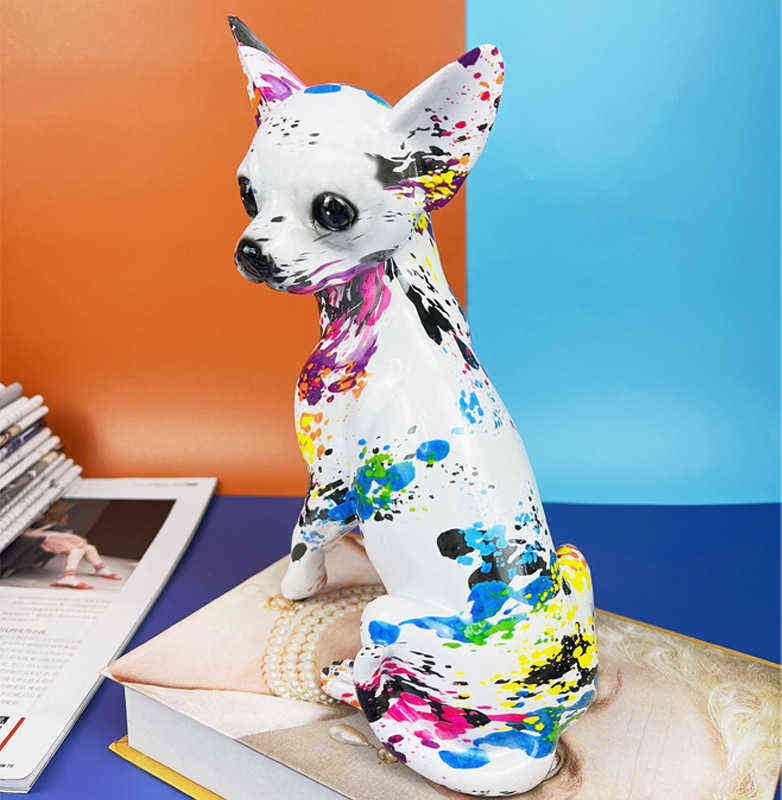 

Decorative Figurines Nordic Colorful Graffiti Sculpture Chihuahua Dog Modern Statue Painted Bulldog Office Living Room Decoration Creative Ornament
