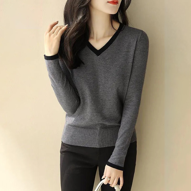 Pull fin Vintage à col en v pour femme, haut tricoté en Patchwork coréen, élégant, Base OL, élastique, grande taille, pull en tricot ample
