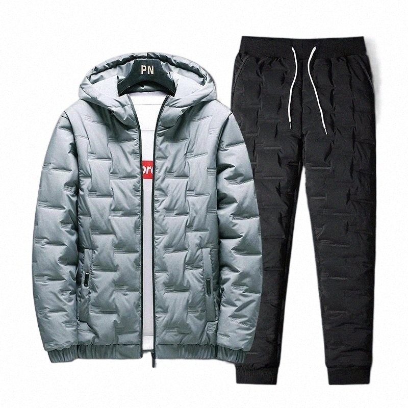 Men's Tracksuits men's Tracksuits Korean-style Men's Hooded Cotton-padded Clothes Set Slim Fit Warm Coat Trousers 2PC Suits 4 Color M