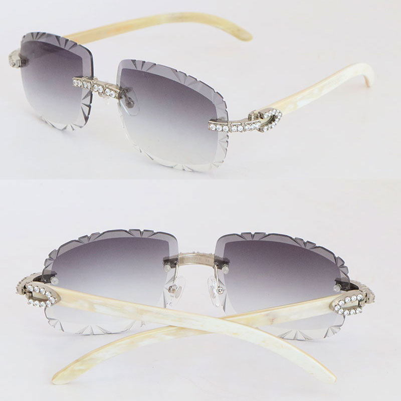 

Luxury Big Diamond Set Sunglasses Men Original White Genuine Natural Horn Rimless glasses Womans 8200758 Diamond Cut Lens Eyeglasses Male and Female New Mirror