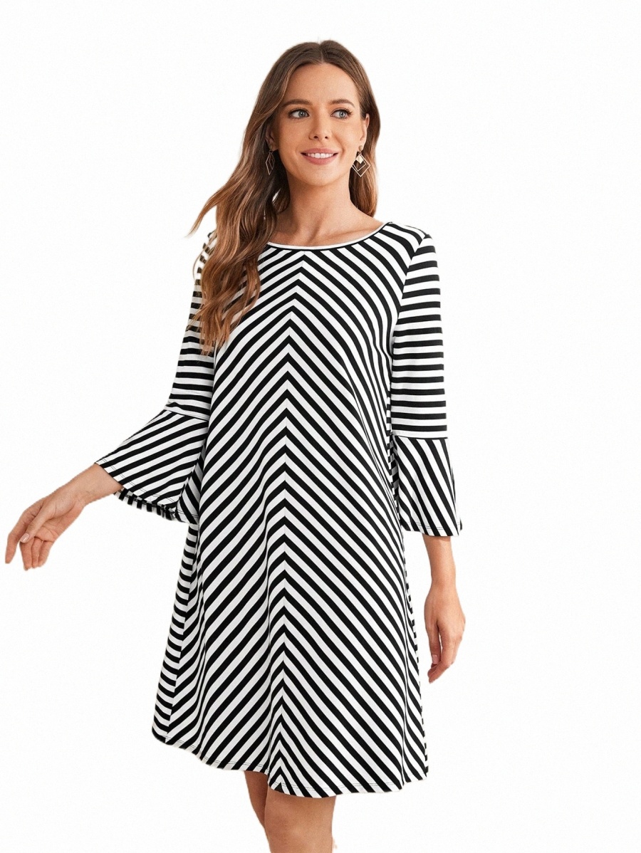 

Casual Dresses emery ROSE Striped Flounce Sleeve Tee Dress I0Z7#, Black and white