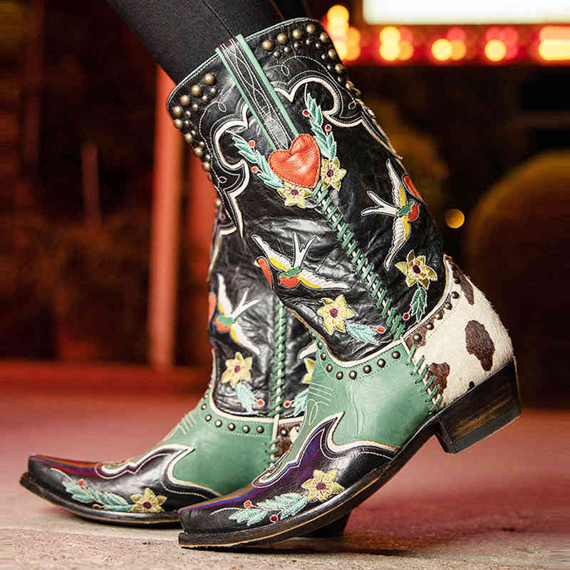 

Boots BONJOMARISA Western Cowboy Women Boots Cowgirl Mid Calf Boots Heart Retro Embroidered Slip On Chunky Casual Spring Shoes Woman 220903, Pink3