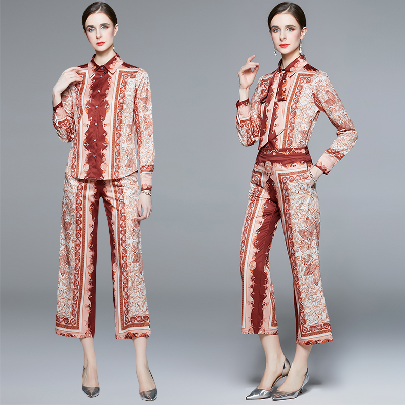 

2022 Retro Print Pant Set Women Two Piece Sets Long Sleeve Button Shirt and Casual Wide Leg Trousers Woman Fashion Suit Spring Autumn Office Lady Fine Elegant Suits, Customize