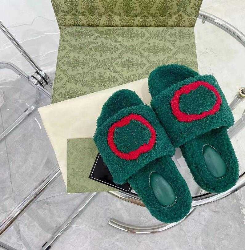 

Winter Ladies Flat Slippers Premium Wool Ladies Sandals Plush Green White Casual Wearproof Sandal Fashion Warm Womens Slipper Sizes 35-40, Box