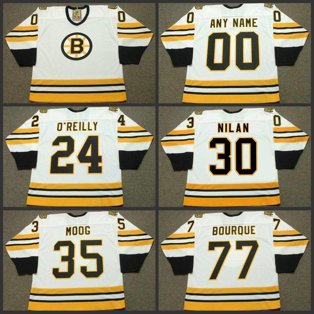 

Ice Hockey Jerseys 24 TERRY O REILLY 30 CHRIS NILAN 35 ANDY MOOG 77 RAYMOND BOURQUE Boston Bruins 1975 CCM Hockey Jersey S-3XL, White
