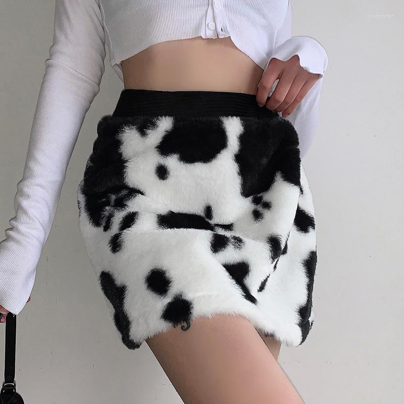 

Skirts JMPRS Cow Printed Furry Women Mini Skirt Party Harajuku Cute High Waisted Korean Straight Fashion Aesthetic Streetwear, Black