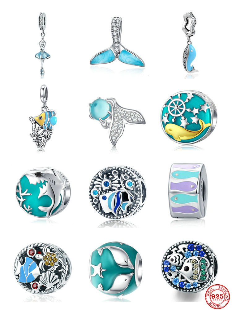 

925 Silver Charm Beads Dangle Summer Ocean Dolphin Beauty Fish Diy Bead Fit Pandora Charms Bracelet DIY Jewelry Accessories
