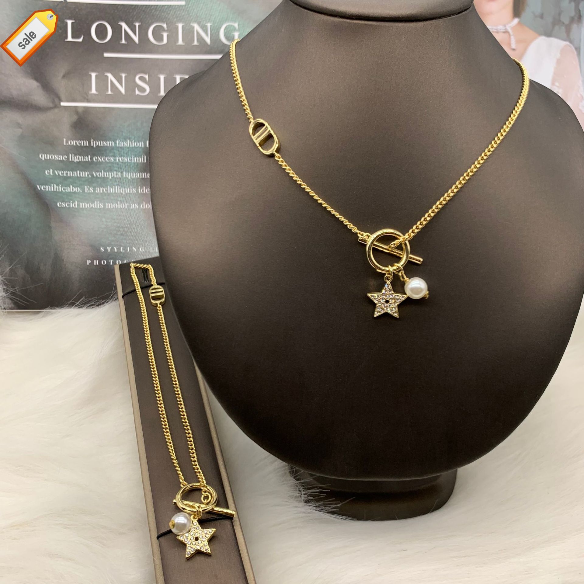 Luxury Designer Necklaces for Women d Family Necklace / Dijia New Letter Diamond Inlaid Pearl Star Neck Chain Bracelet Simple Temperament Jewelry