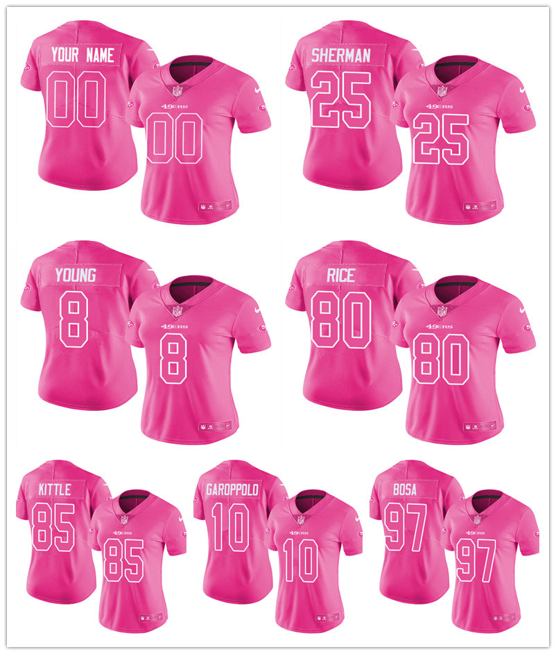 

Jersey San Francisco''49ers''Women Steve Young Joe Montana Trey Lance Jimmy Garoppolo Deebo Samuel Nick Bosa George Kittle Pink Rush Fashion