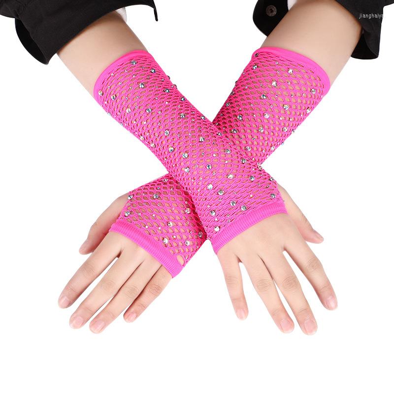 

Knee Pads Sexy Mesh Gloves With Colored Flash Diamonds Women's Arm Warmers Bungee Stage Performance Hollow Fishing Net Punk Hiphop, Lavender