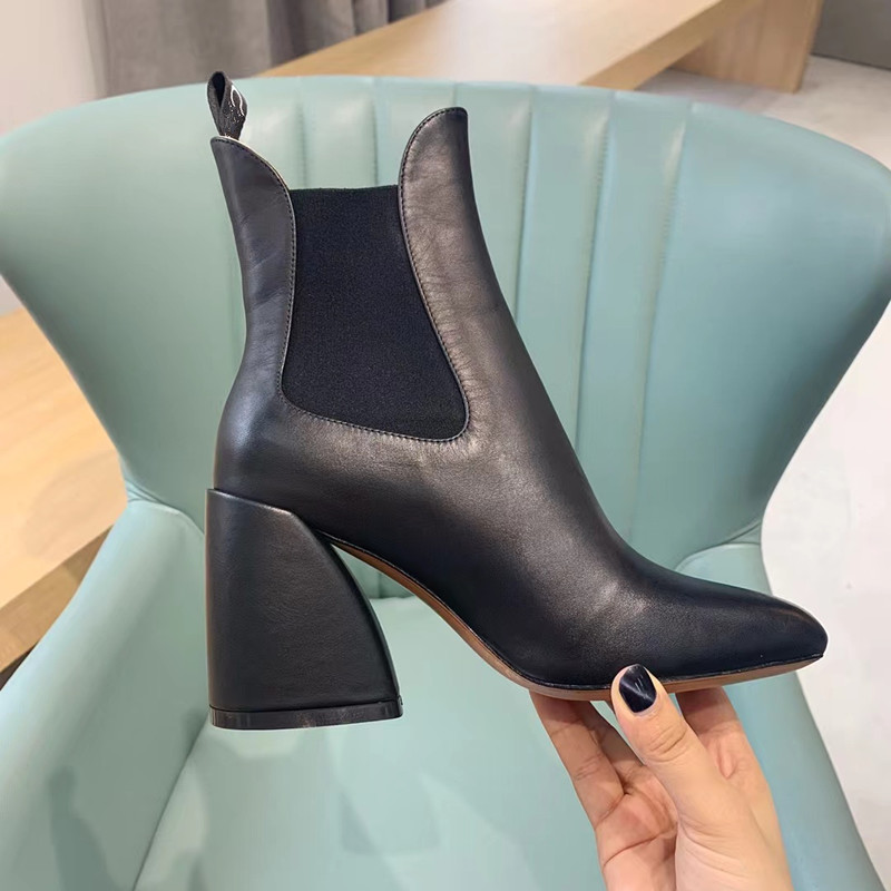 

Designer high heels Martin boots autumn and winter thick heels womens shoes desert Boots 100% genuine leather zipper pointed letters fashion womens high heels 35-41, 5#