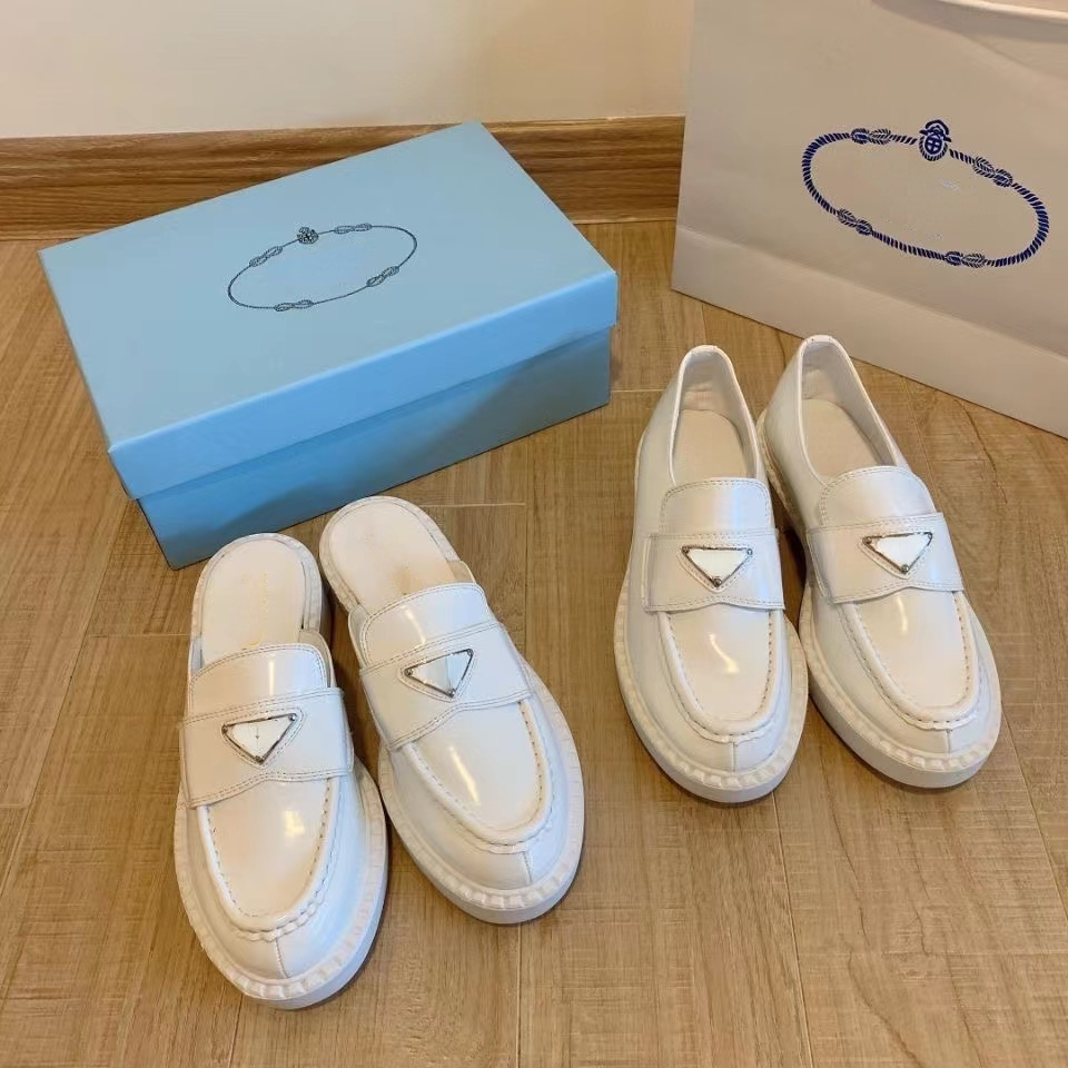 

5A quality Brand women's casual shoes high-top leather triangle standard thick-soled loafers black shoes thick-soled sneakers