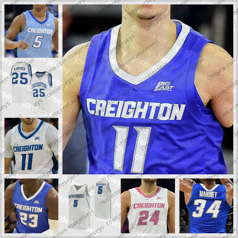 

NEW College Basketball Wears Custom 2020 Creighton BLUEJAYS Basketball 5 Ty-Shon Alexander 11 Marcus Zegarowski 24 Mitch Ballock Blue Pink W, Vintage white round