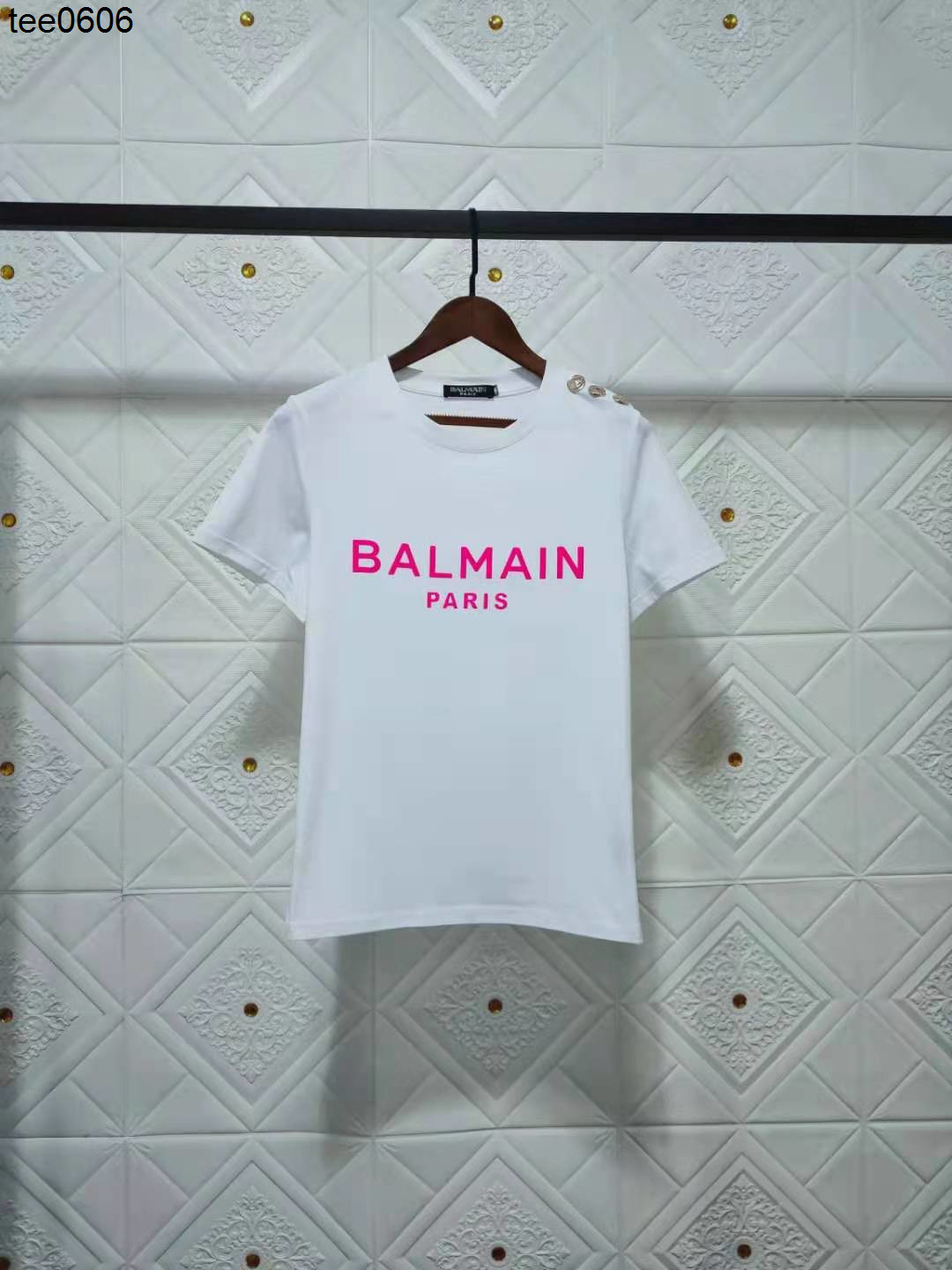 

22ss spring summer new tee shoulder button three-dimensional flocking letter short sleeve Balmais cotton T-shirt lovers