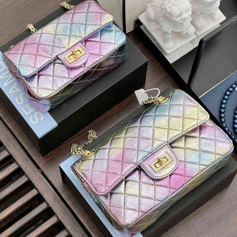 

CC Bag Shopping Bags Top Classic Mini Flap Dyed Rainbow Gradient Metal Lambskin Purse Genuine Leather Mermaid Princess Large Capacity Luxury, Box