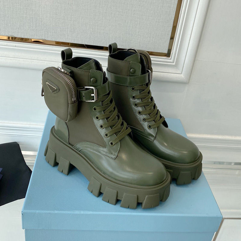 

Designer Black Leather and Nylon Fabric Boots Women Platform Desert Boots With Removable Pouch Chunky Block Sole Booties Fashion Martin Boot