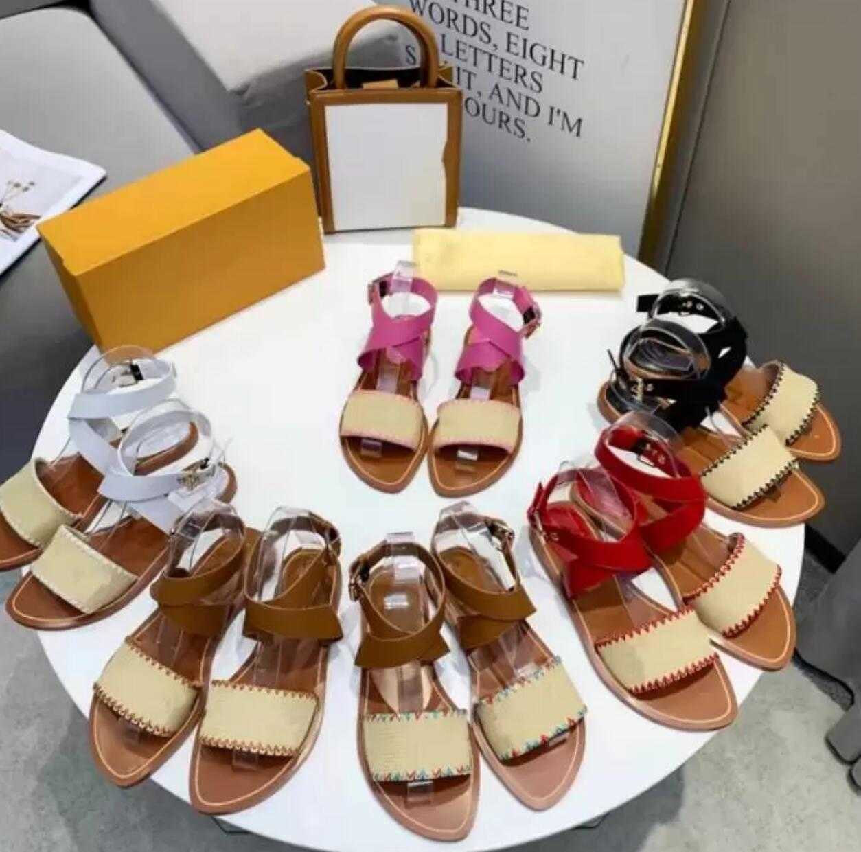 

Designer Summer Outdoor Fashion Sandal Embroidered Women Sandals High Quality Flat Bottom Beach Sandal Cross Lacing Flip Flops Leather With original box