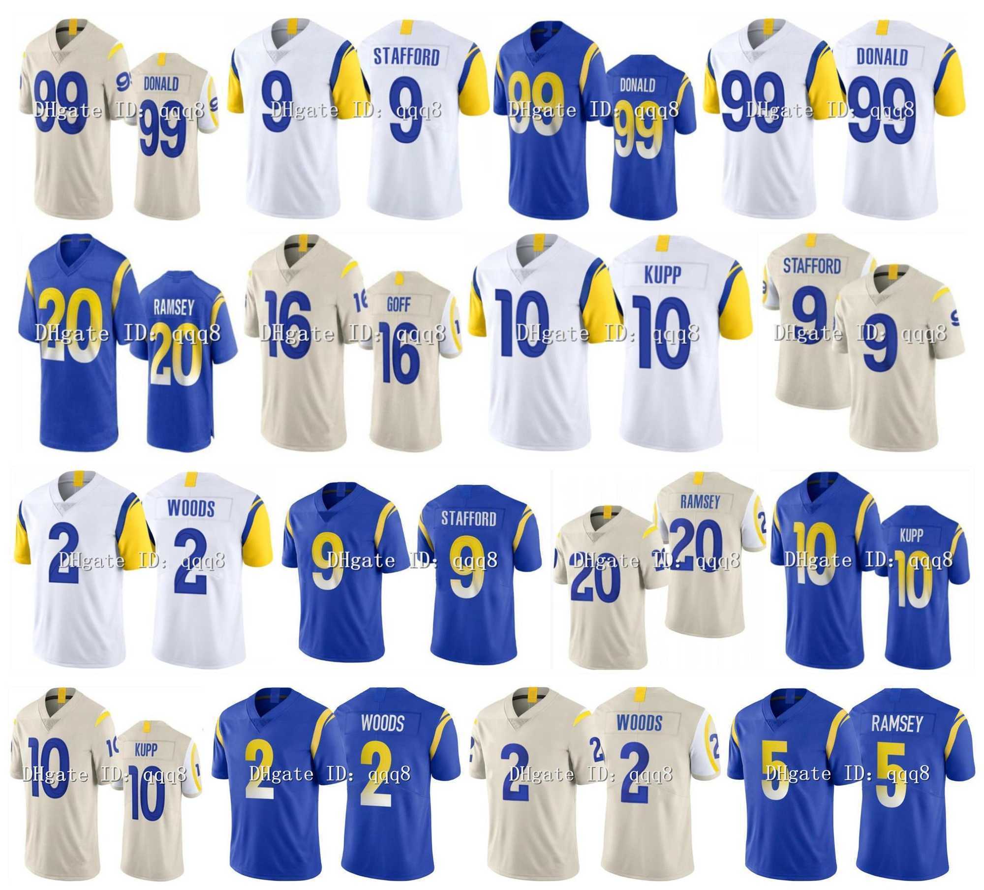 

Men 99 Aaron Donald Football Jersey 9 Matthew Stafford 5 Jalen Ramsey 10 Cooper Kupp 2 Robert Woods White Blue Cream Women Kids Size, As pic