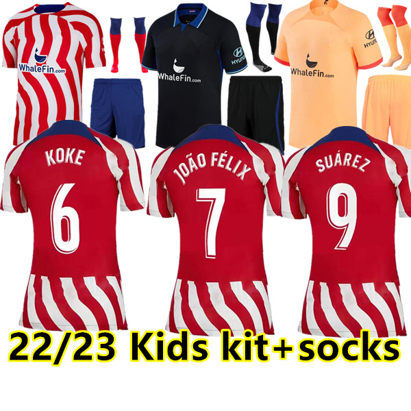 

Kids socks  23 Atletico Madrids Soccer Jerseys SUAREZ GRIEZMANN JOAO FELIX M. Llorente CORREA KOKE Camisetas de LEMAR CARRASCO Football Shirt, 22/23 3rd