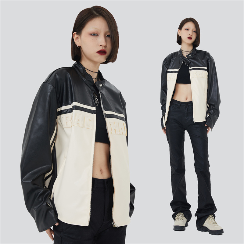 

Men Leather Bomber Coats Vintage Patchwork Letter Embroidery Hip Hop Zipper Streetwear Jackets Loose