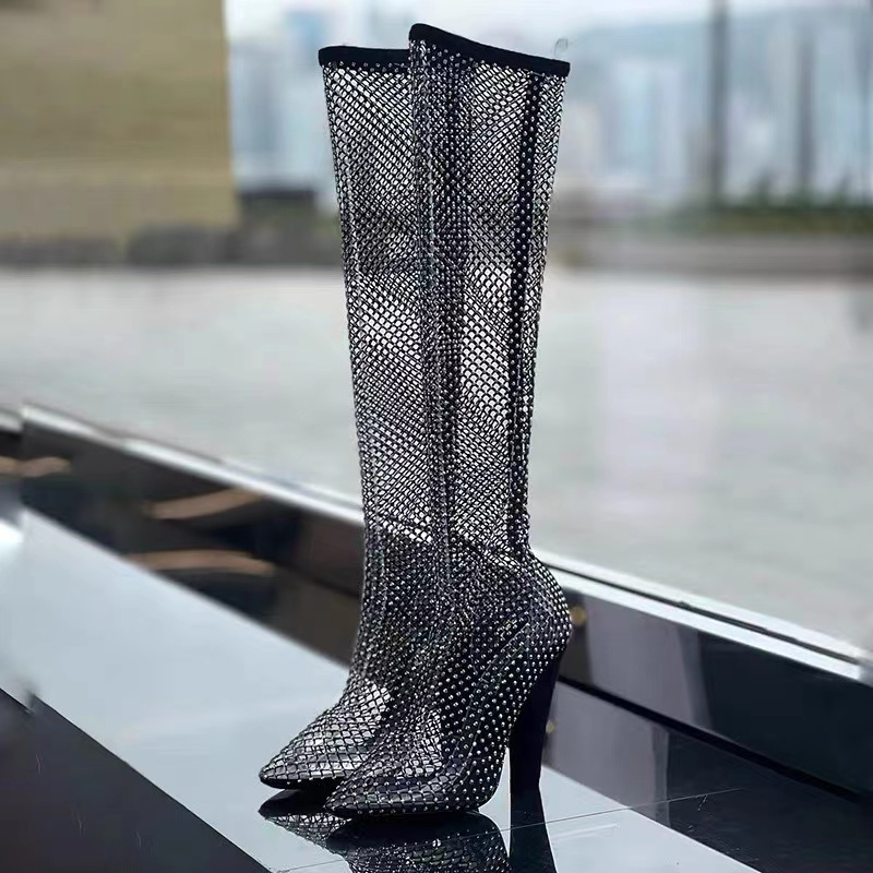 

Luxury Rhinestone hollow boots 2022 new elastic net socks sexy fashion boots designer top walking show banquet night party 10CM high heels, Black