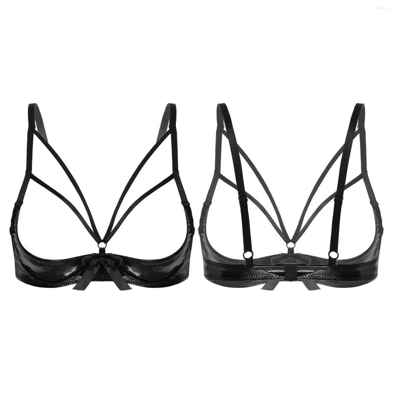 

Bras Womens Strappy Open Cup Sexy Exotic Bra Tops Leather Bowknot Underwired Shoulder Strap Brassiere Sissy Lingerie Underwear, Black