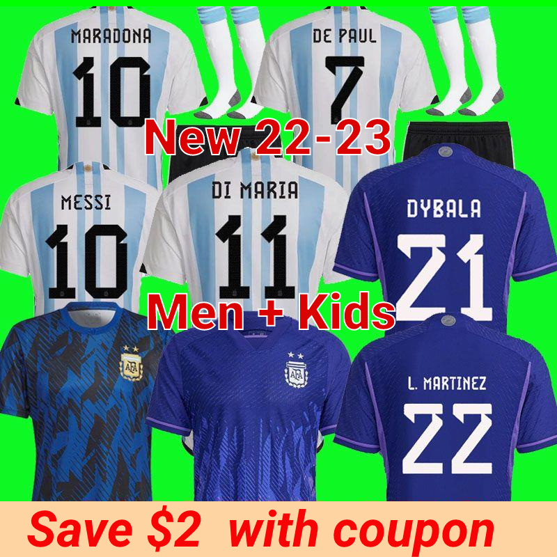 

Argentina soccer Jersey football shirt 2022 woRLD CUp DYBALA AGUERO MARADONA DI MARIA MESSIs 22 23 fans player version Men Kids kit sets uniforms socks, 22/23 player home + patch
