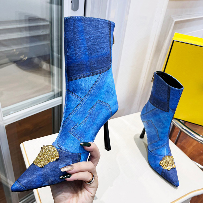 

Fashion Cowboy Ankle Boots Designer FF Print Mixed Color 10.5CM Heels Classic Metal Buckle Stiletto Boots Top Quality Back Zipper Ladies Pointed Toe Booties 35-42 box, Black