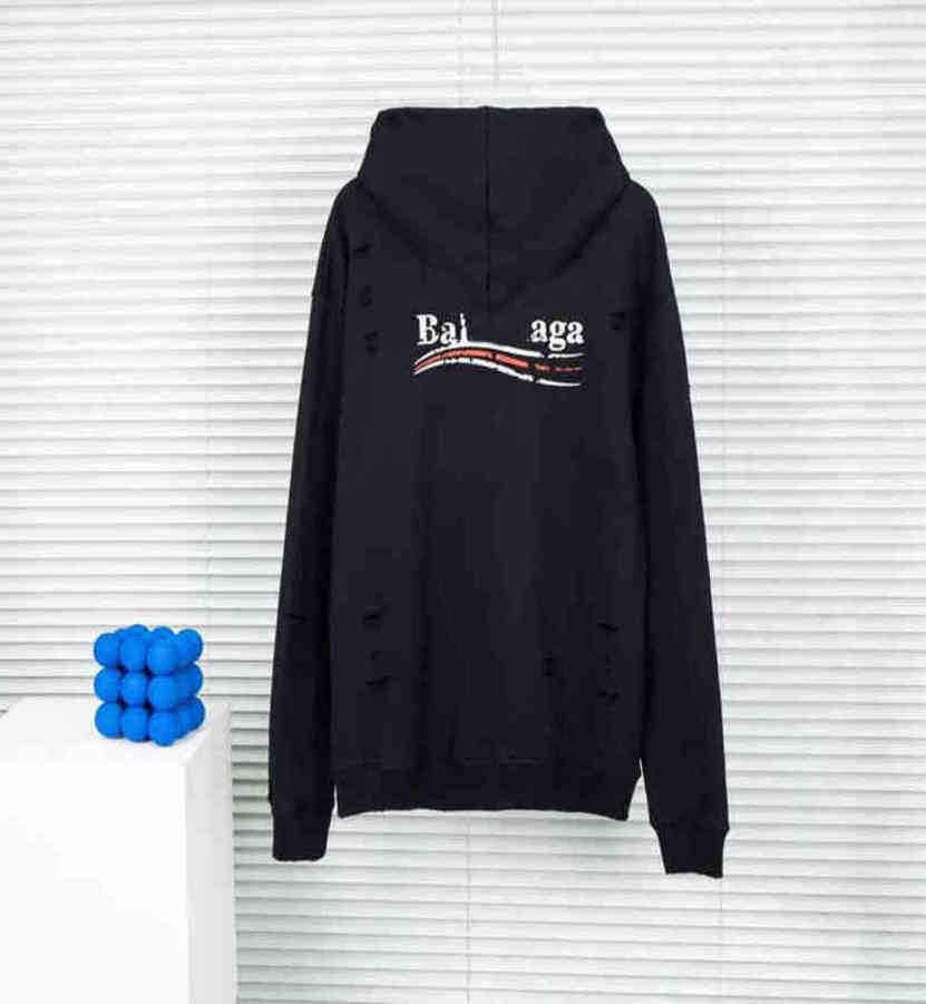 222SS Version Paris Fashion BB Designer Hoodie Luxury Balanciagas Classic Worn Hole Cola Print Back Letter Printing Pullover Men's And Women-image-798988138