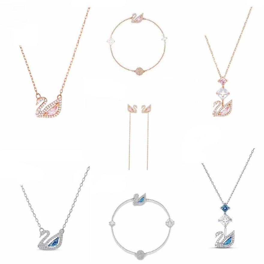 

Pink Sweet Lovely Swan Pendant Necklaces Bracelets Earrings for Women Brand Luxury Designer Choker Necklace with Shining Crystal235o