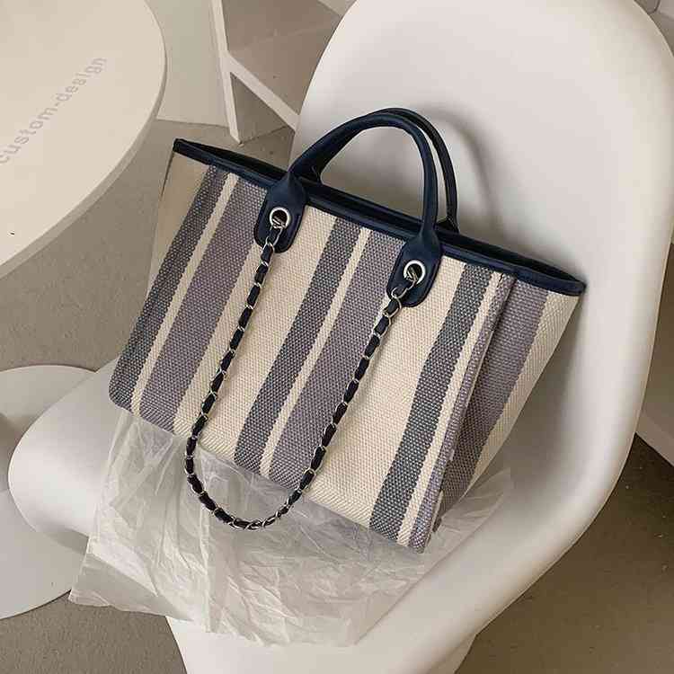 

Bags Canvas stripe portable tote bag chain shoulder Purses, Khaki
